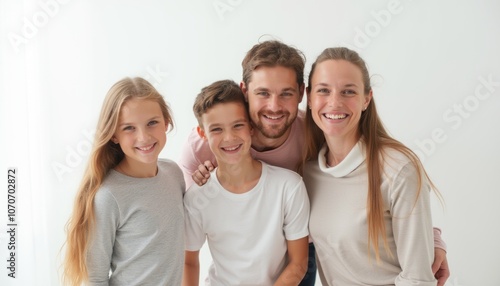 A joyful family of four standing close together and smiling against a plain background, radiating warmth and togetherness. The image captures a moment of unity and happiness, perfect for family