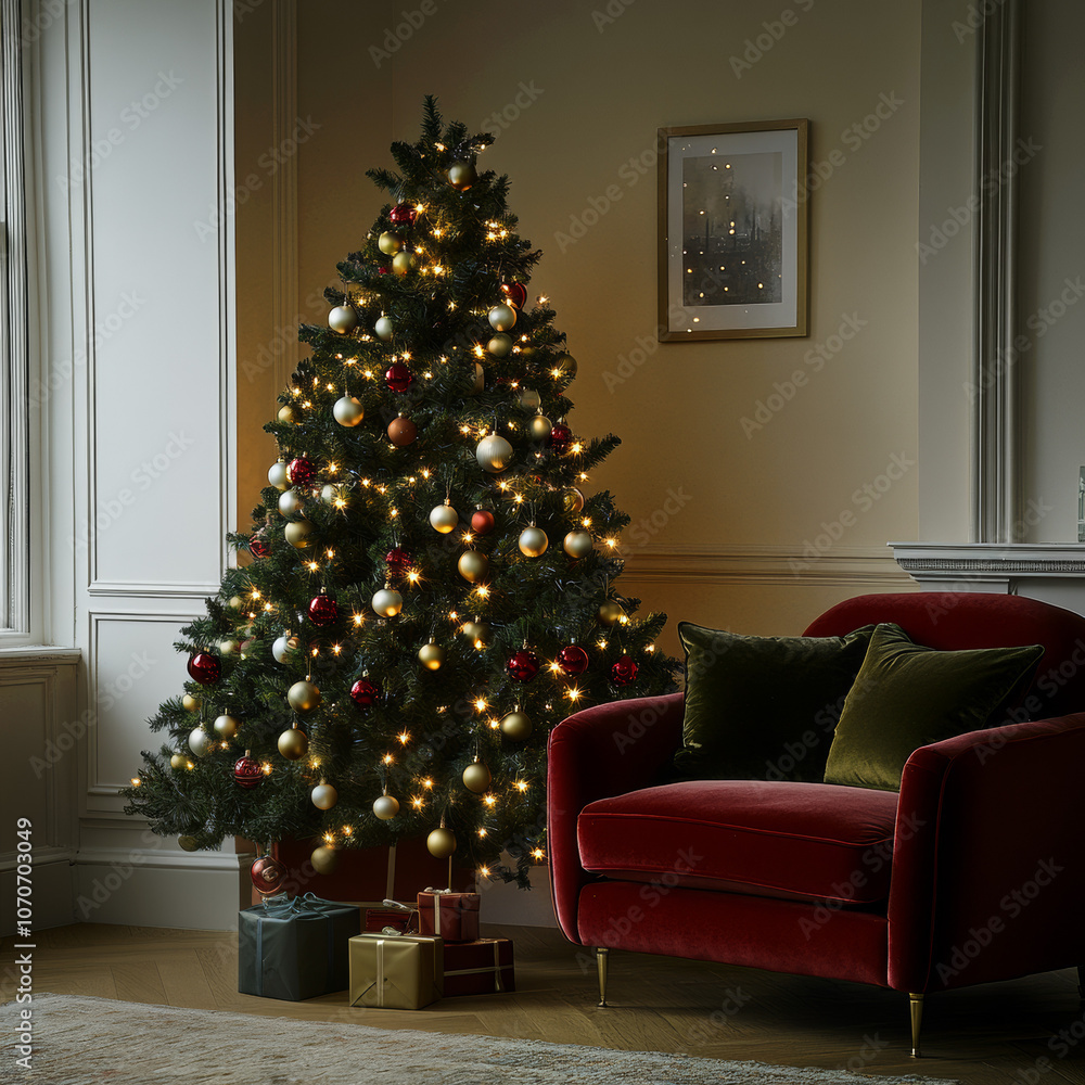 A Christmas treee with artificial magnolias made of velvet underneath A Christmas treee with artificial magnolias made of velvet underneath