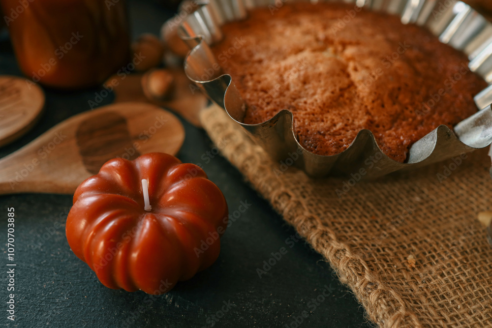 Pumpkin Shaped Candle and Pie, Cozy Autumn Pumpkin Shaped Candle and Pie, Cozy Autumn