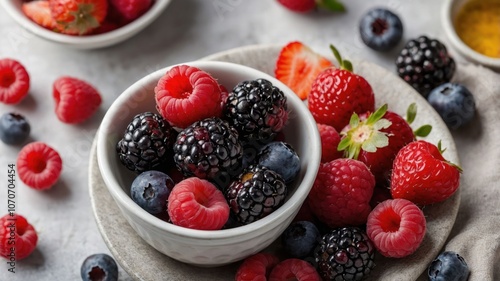 A bowl of mixed berries including raspberries, blackberries, and blueberries on a textured surface.