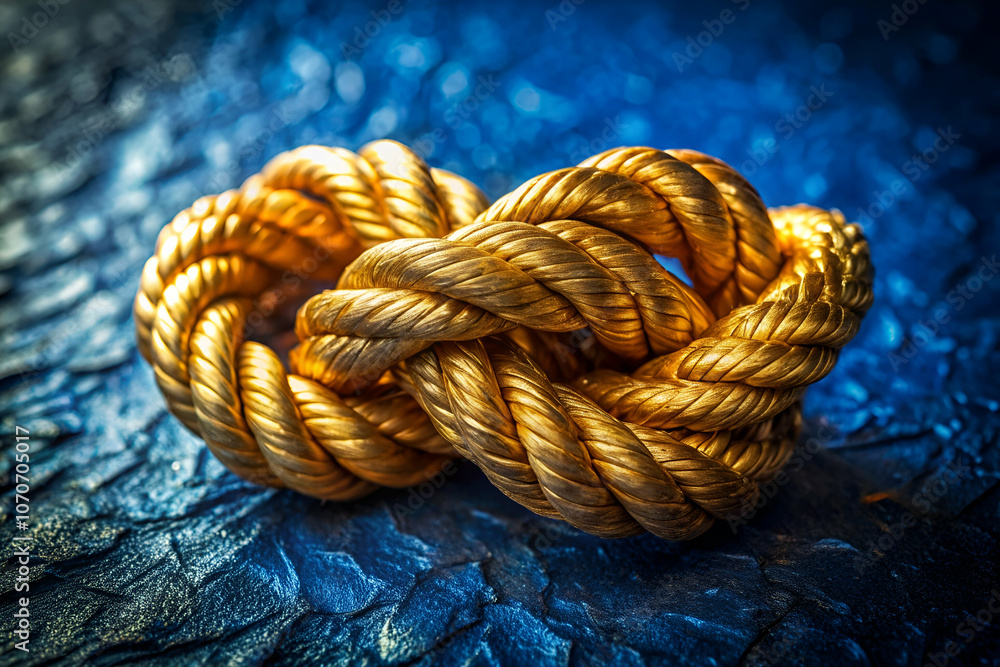 A close-up of a golden rope knot set against a textured blue background, showcasing intricate details and vibrant color contrast. A close-up of a golden rope knot set against a textured blue background, showcasing intricate details and vibrant color contrast.