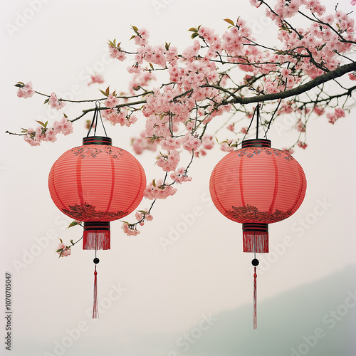 Chinese Lanterns Hanging Among Cherry Blossoms