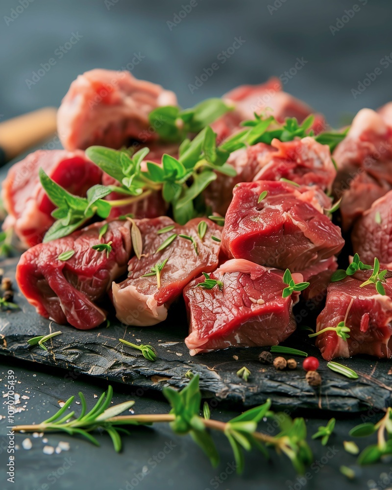 Fresh Raw Meat with Herbs on Slate Board Fresh Raw Meat with Herbs on Slate Board