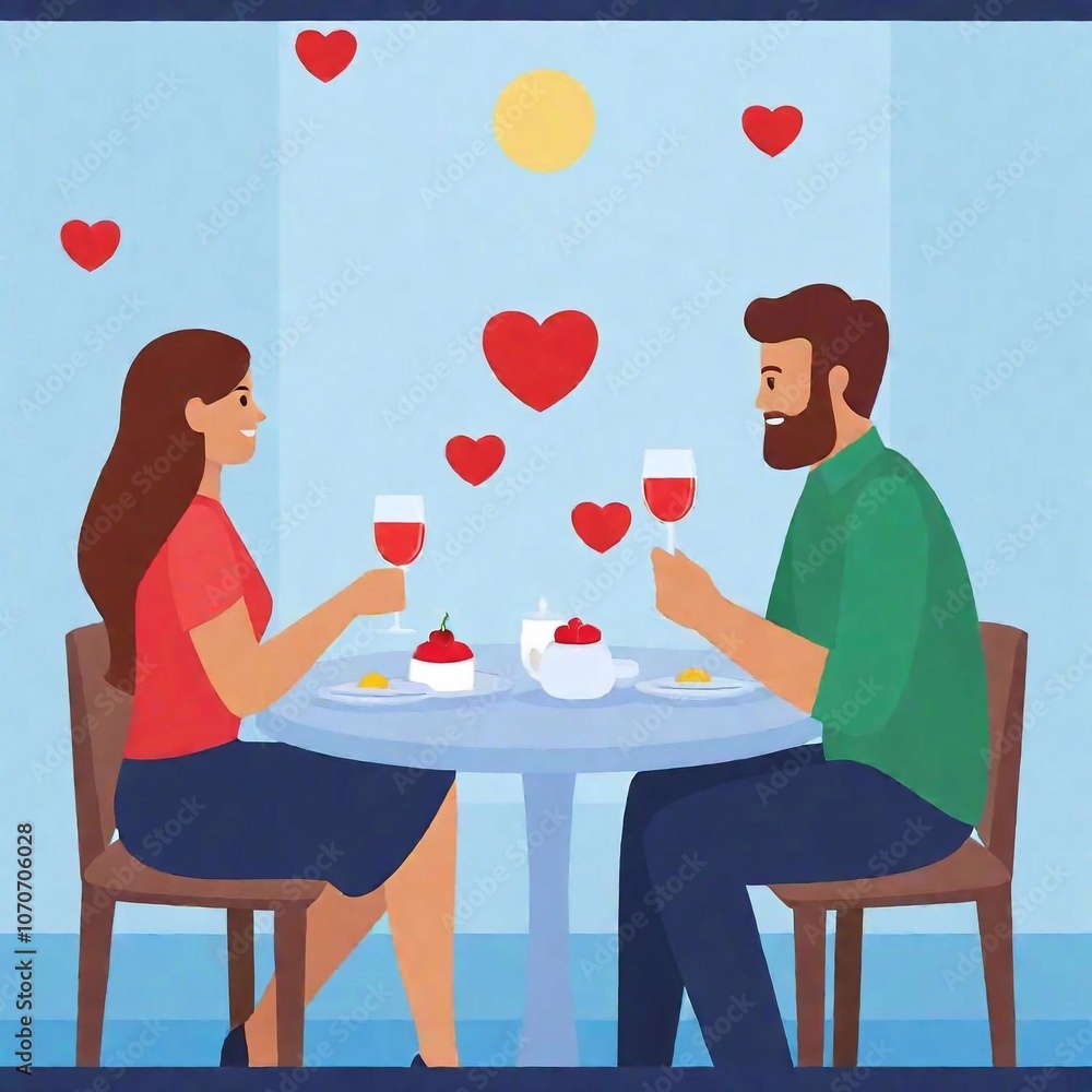 An eye-level, medium long shot of a Valentines Day date idea in vector art, showcasing a couple having an intimate dinner at a charming cafe, with shallow focus emphasizing their connection. hearts ic An eye-level, medium long shot of a Valentines Day date idea in vector art, showcasing a couple having an intimate dinner at a charming cafe, with shallow focus emphasizing their connection. hearts ic