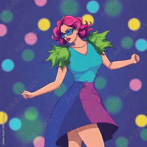 colorful illustration. pop art image of woman, captured mid-dance at a lively New Year's Eve party. The shallow focus creates a dreamy effect, drawing attention to their dynamic poses, 80s style costu photo