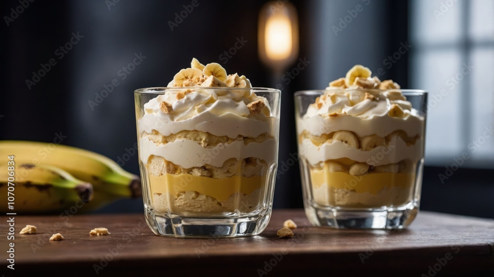 Two layered desserts in glasses with whipped cream, bananas, and crushed nuts. Two layered desserts in glasses with whipped cream, bananas, and crushed nuts.