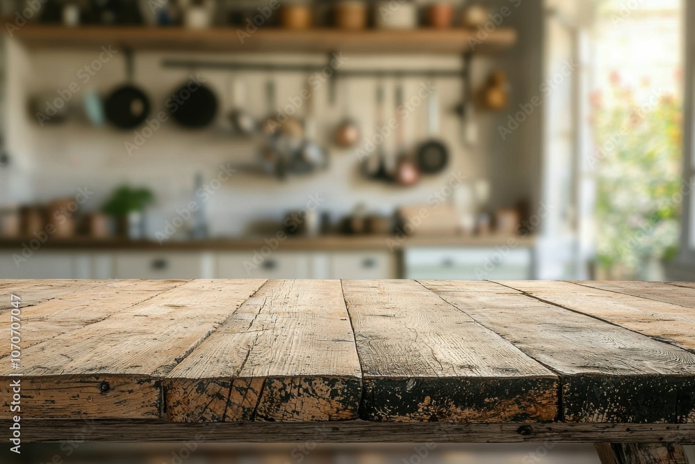 A rustic wooden table in a cozy kitchen setting, ideal for meal preparation and gatherings. A rustic wooden table in a cozy kitchen setting, ideal for meal preparation and gatherings.