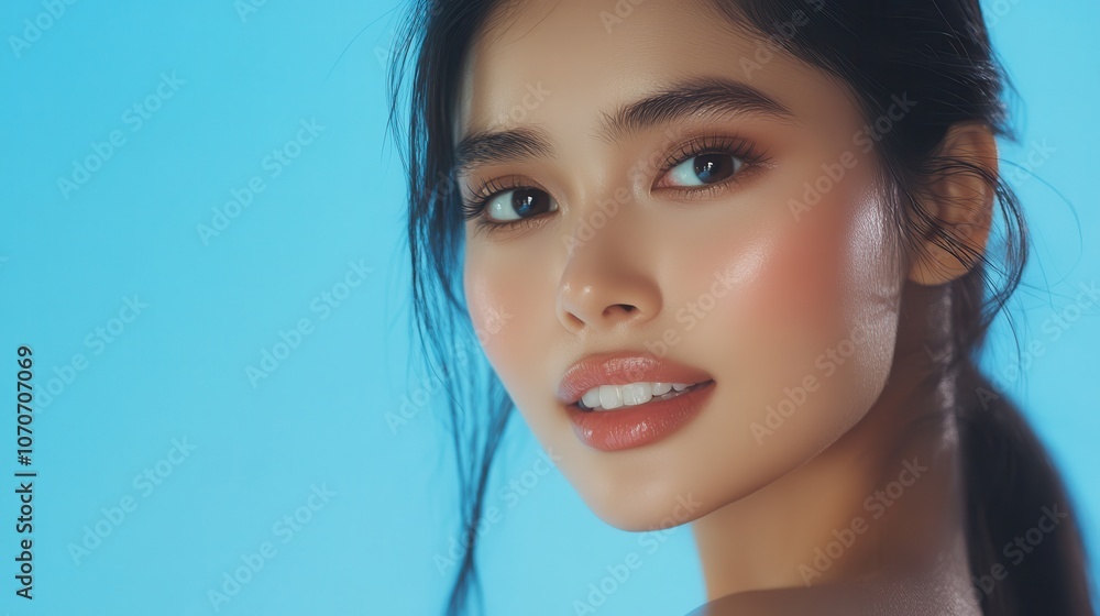 A close-up of a beautiful Thai woman with a natural smile, her flawless skin glowing against a calming blue backdrop, offering plenty of space for beauty brand messaging. A close-up of a beautiful Thai woman with a natural smile, her flawless skin glowing against a calming blue backdrop, offering plenty of space for beauty brand messaging.