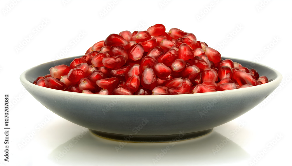 A bowl filled with vibrant red pomegranate seeds set against a white background, highlighting their freshness and juiciness. A bowl filled with vibrant red pomegranate seeds set against a white background, highlighting their freshness and juiciness.