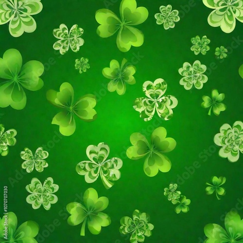 detailed Shamrock symbols scattered across, rendered in vibrant shades of green with intricate vector detailing.