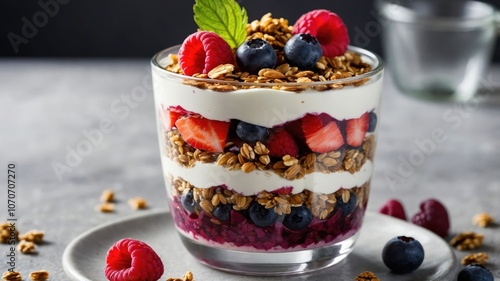 A delicious parfait layered with yogurt, granola, and fresh berries.