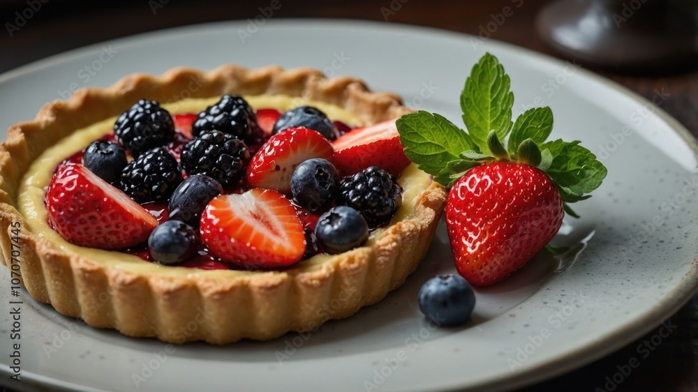 A delicious fruit tart topped with assorted berries on a plate, highlighting dessert presentation. A delicious fruit tart topped with assorted berries on a plate, highlighting dessert presentation.