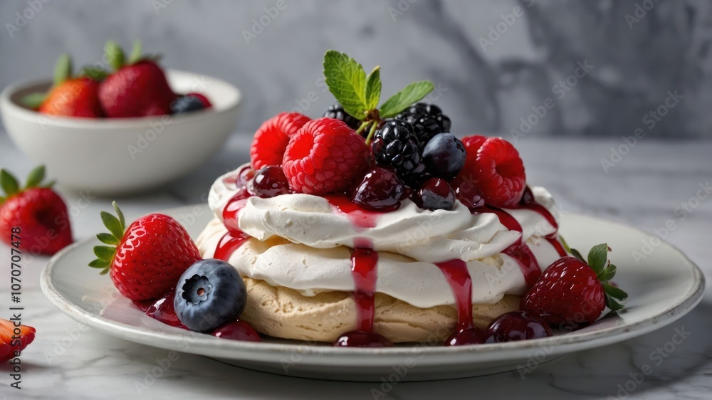 A delicious dessert featuring layered pavlova topped with fresh berries and cream. A delicious dessert featuring layered pavlova topped with fresh berries and cream.