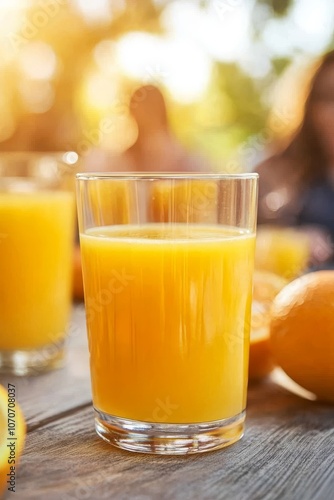 Orange juice beside a plate of fruit at sunset, surrounded by friends and family