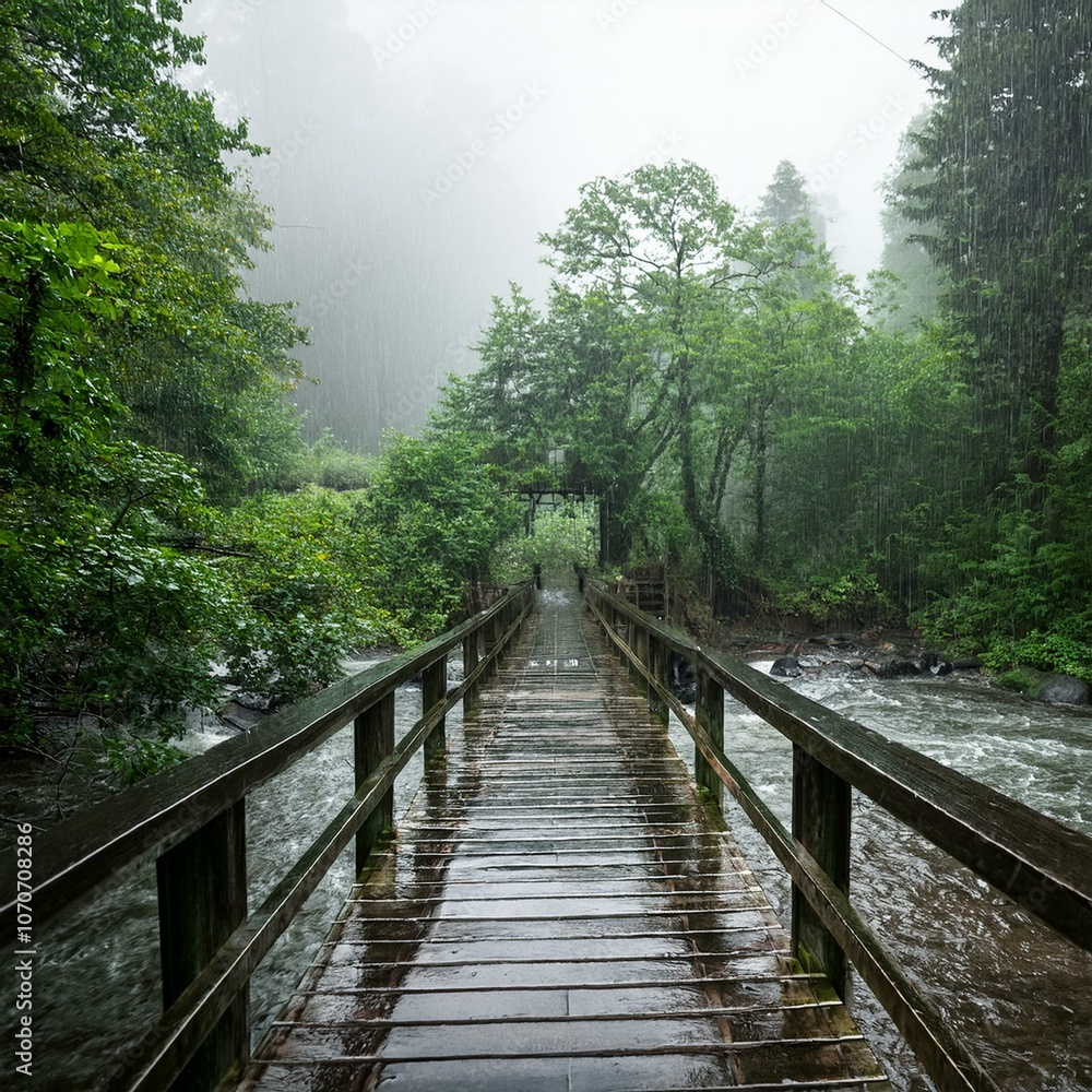 Obraz premium rain in the forest, a small river and a bridge
