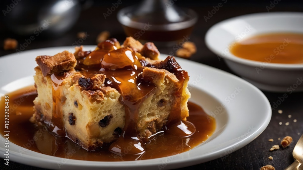 A delicious bread pudding drizzled with caramel sauce on a white plate. A delicious bread pudding drizzled with caramel sauce on a white plate.