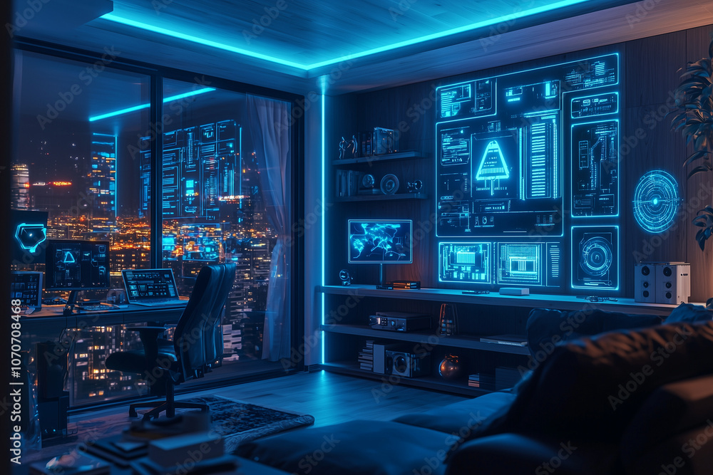 High-Tech Smart Home at Night with Glowing AI Control Panels, Wireframe Neon Connections, Aerial View of Connected Devices & Futuristic Gadgets High-Tech Smart Home at Night with Glowing AI Control Panels, Wireframe Neon Connections, Aerial View of Connected Devices & Futuristic Gadgets