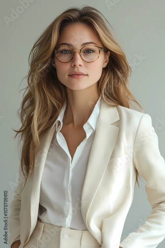 business woman in white suit and glasses with long wavy blond hair neutral background studio shot.