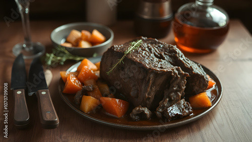 close-up of Yankee Pot Roast, Pot Roast of stewed tender beef with carrot. photo