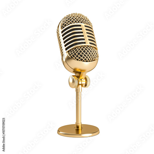 Vintage gold microphone isolated on white background, perfect for broadcasting or podcast themes, PNG