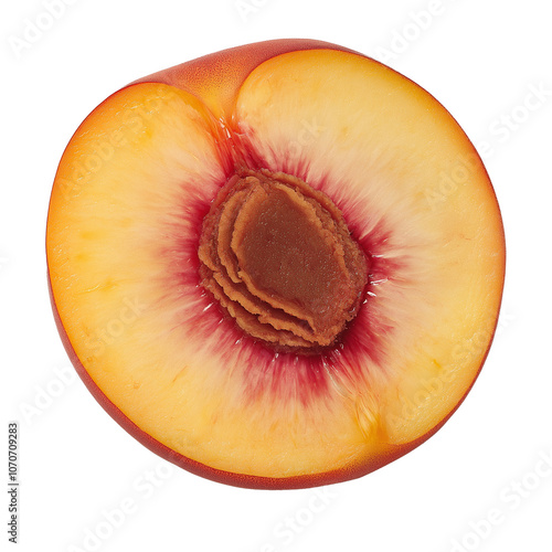 Sliced peach revealing seed, ideal for culinary or natural product designs, isolated on transparent background