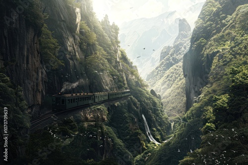 The train that passes through the lake, the cliff of the rock and the very beautiful mountains  photo