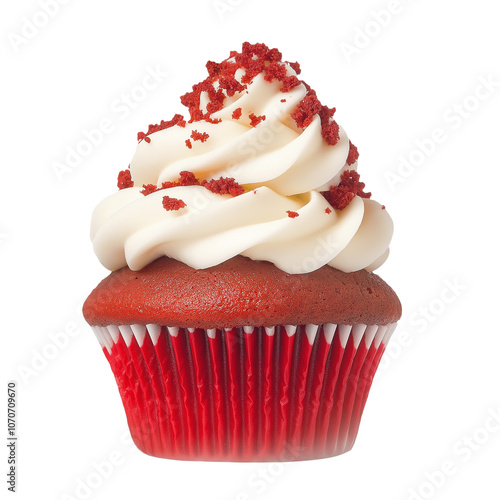 Red velvet cupcake with cream cheese frosting and sprinkles, isolated on white background, PNG
