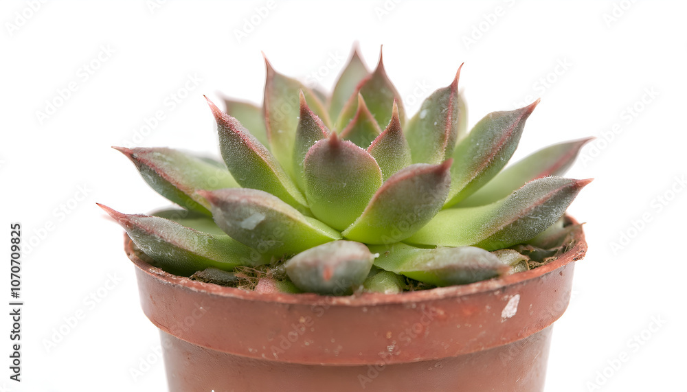 Fototapeta premium Vibrant green succulent plant situated in a classic terracotta pot, showcasing natural beauty and simplicity against a white background. Perfect for home decor, gardening enthusiasts, and nature lover