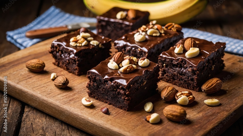 A tempting display of chocolate brownies topped with nuts on a wooden board. A tempting display of chocolate brownies topped with nuts on a wooden board.