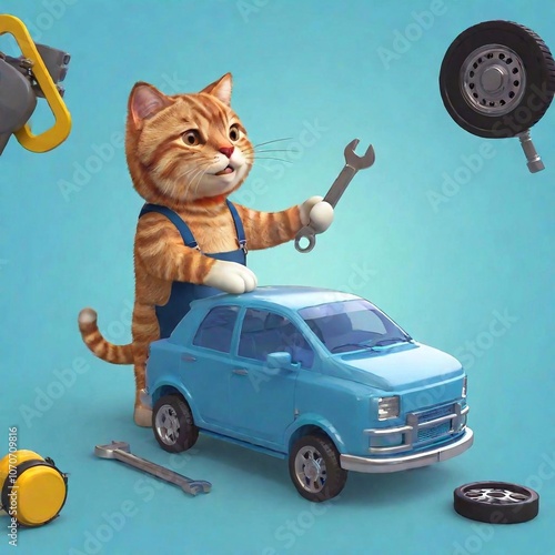 Against a yellow-blue background, a cartoon 3D drawn cheerful with a smile cat mechanic disassembles an engine with a key in his paws in a car repair shop photo