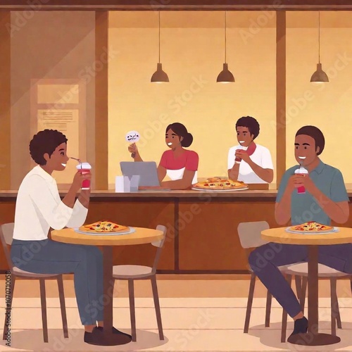 illustration inside pizzeria with tables and happy people eating pizza and drinking soda