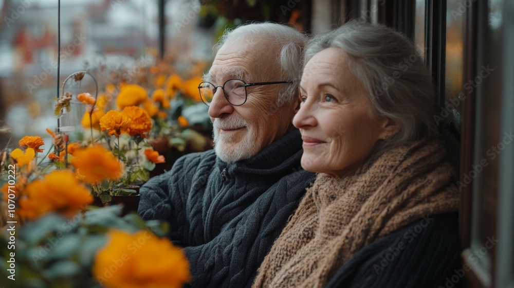 Fototapeta premium An elderly couple sits together by a window adorned with vibrant flowers, sharing warm smiles and moments of reflection in the autumn breeze, showcasing love and connection.