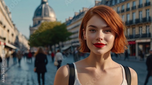 25-year-old Nordic sporty woman with white skin, brown eyes, and perfectly red short bob hair. Pure red lips