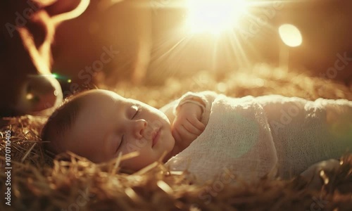 Newborn baby Jesus sleeps peacefully in a wooden manger on straw against the backdrop of a stable with animals, illuminated by divine rays of light. Religious scene Christmac. Nativity scene of Jesus