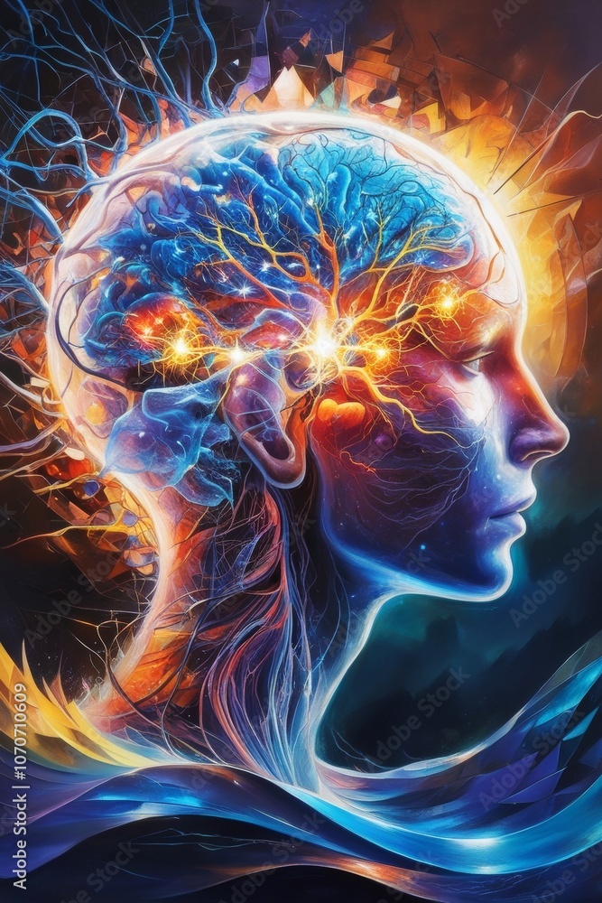 human mind, blending intricate neural networks with pulsing, vibrant colors, such as electric blues, fiery oranges, and radiant yellows, amidst a tapestry of geometric shapes human mind, blending intricate neural networks with pulsing, vibrant colors, such as electric blues, fiery oranges, and radiant yellows, amidst a tapestry of geometric shapes