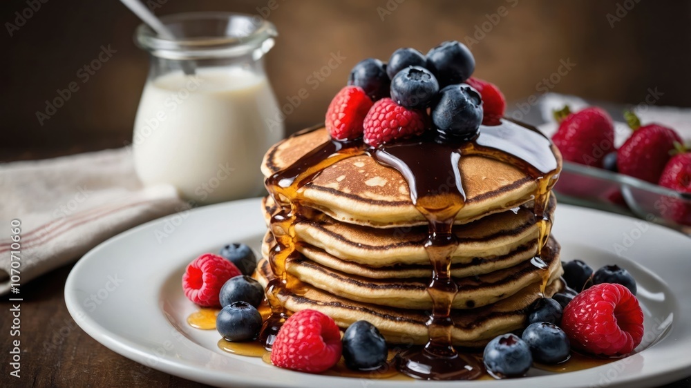 Stack of fluffy pancakes topped with berries and syrup, served with cream. Stack of fluffy pancakes topped with berries and syrup, served with cream.