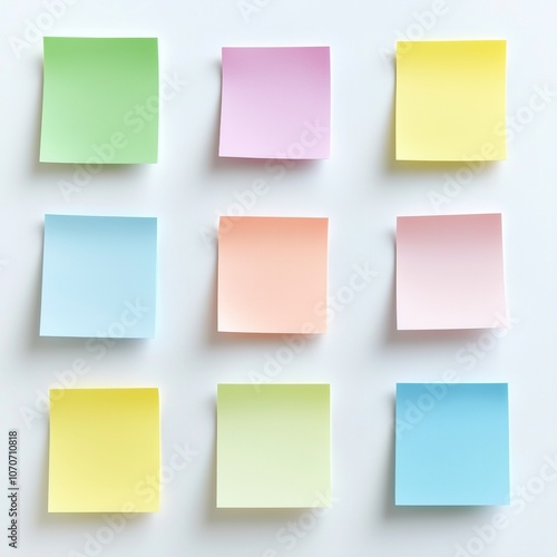 Colorful sticky notes grid on white background for office organization