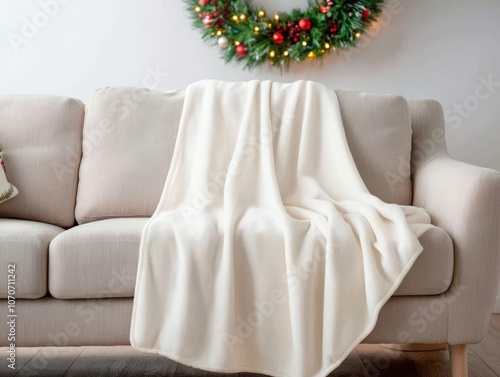 Blank throw blanket mockup, draped over a couch with a Christmas wreath above, soft glowing light and holiday cheer