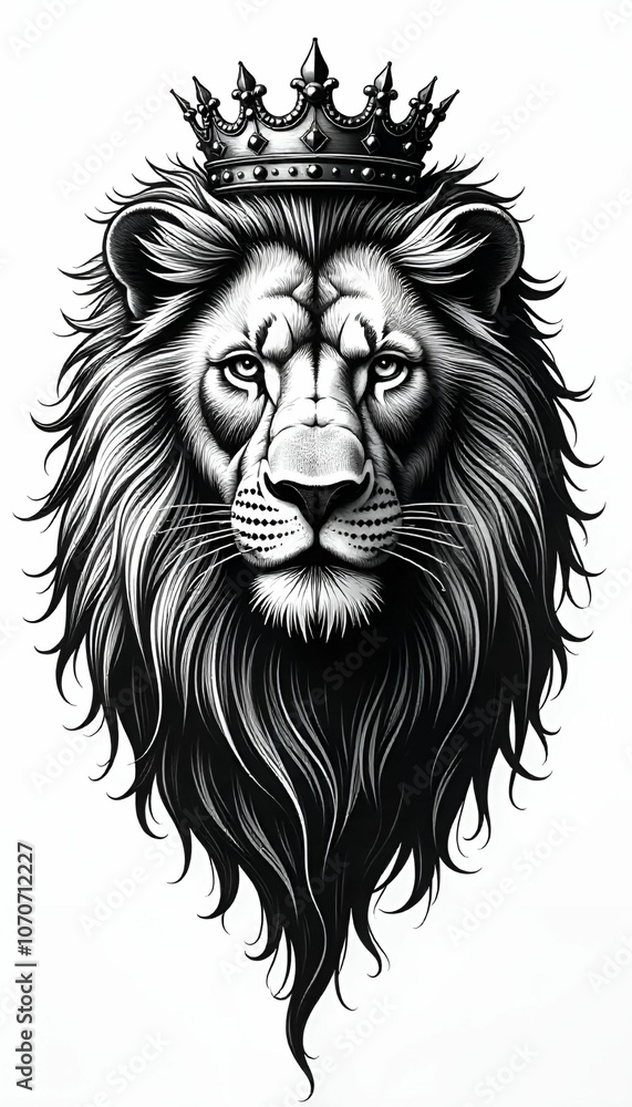 Obraz premium Prompt: A majestic lion's head with a crown, depicted in a black and white illustration style. The image evokes a sense of power, royalty, and strength.