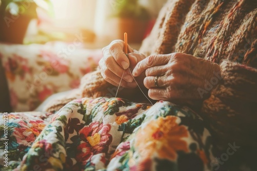 An elderly woman with gentle hands stitching a vibrant floral pattern, capturing warmth, tradition, and the beauty of handmade craftsmanship photo