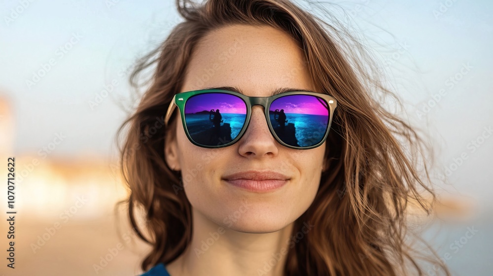 Woman in Sunglasses at a Sunlit Beach Scene Woman in Sunglasses at a Sunlit Beach Scene