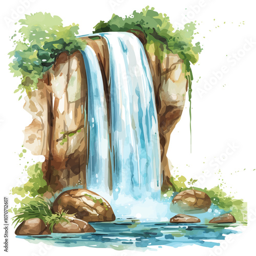 A watercolor vector of a waterfall, isolated on a white background.