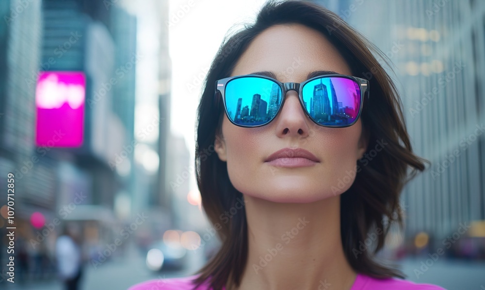 City Street Portrait with Reflective Sunglasses City Street Portrait with Reflective Sunglasses