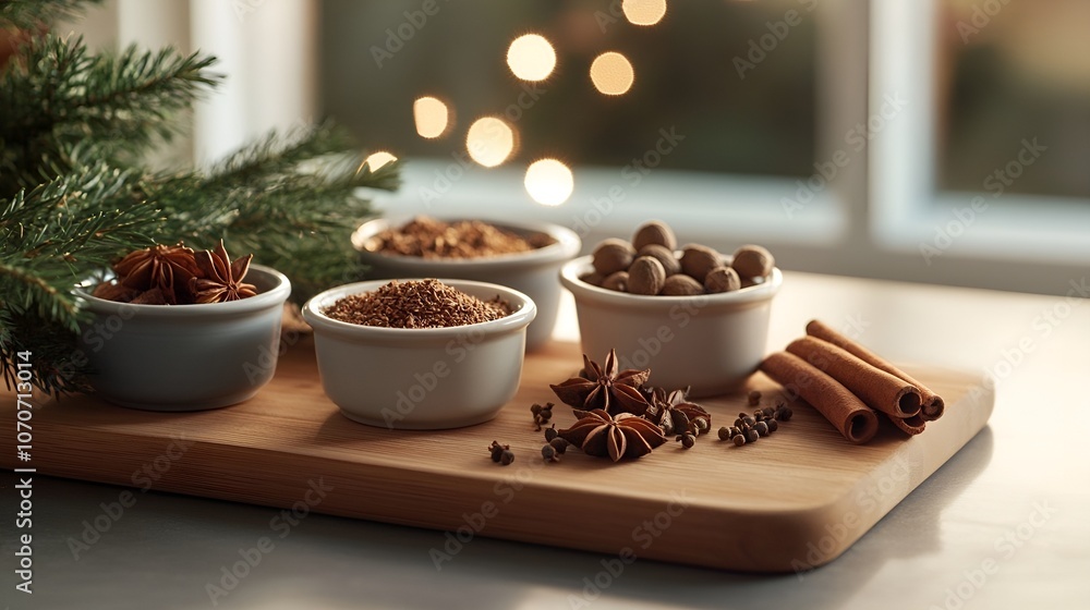 Holiday spices on wooden board with festive bokeh lights