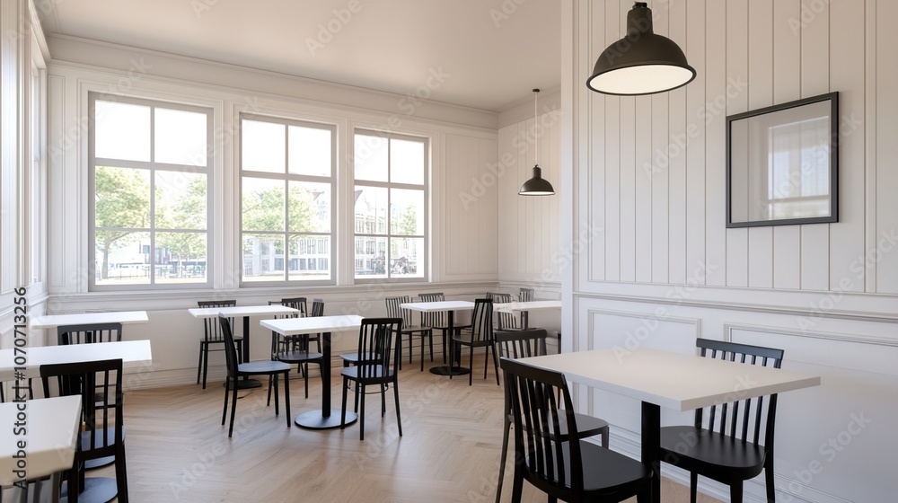 Fototapeta premium Clean Minimalist Cafe Interior with Bright Windows