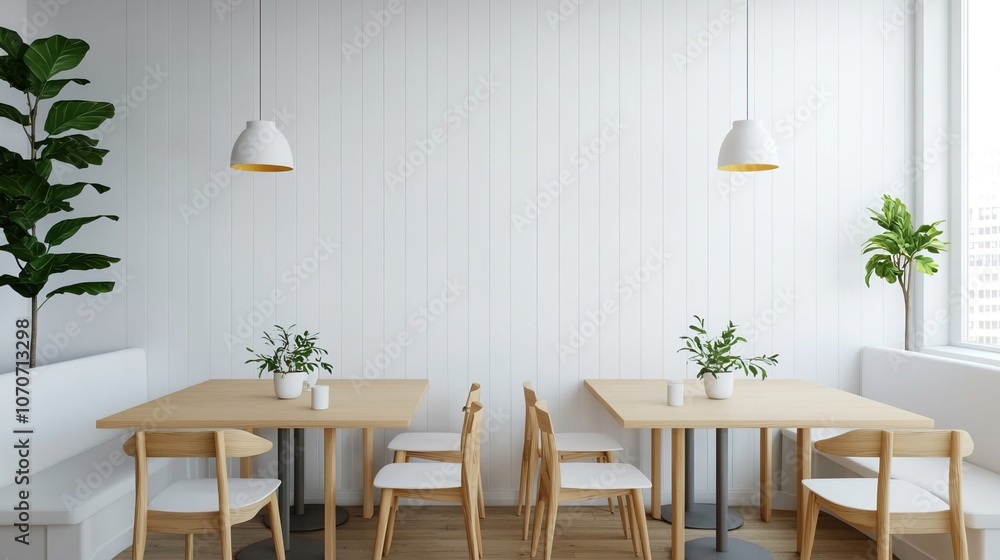 Fototapeta premium Cozy White Café with Comfortable Seating Corners