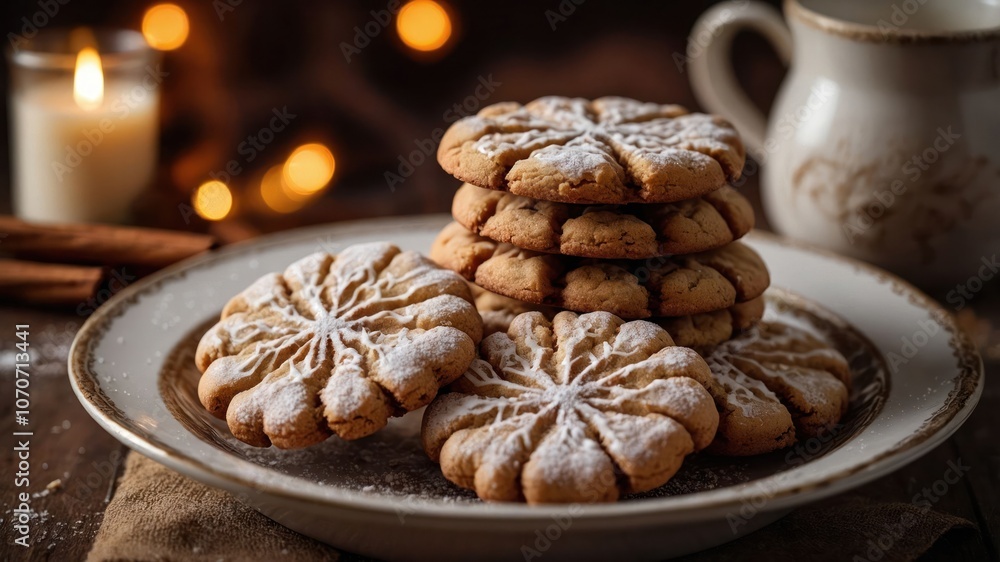 A cozy plate of decorated cookies with a warm ambiance and festive elements. A cozy plate of decorated cookies with a warm ambiance and festive elements.