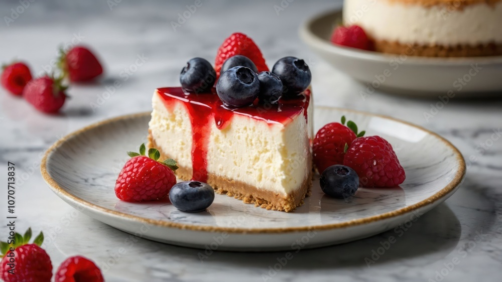 A slice of cheesecake topped with berries and sauce, served on a decorative plate. A slice of cheesecake topped with berries and sauce, served on a decorative plate.