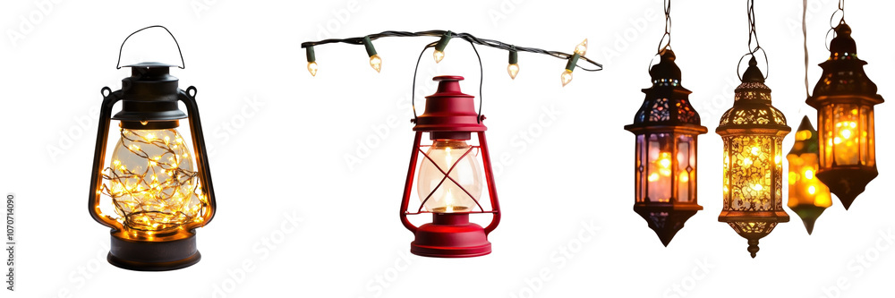 Obraz premium Illuminated Lanterns Festive Lights Warm Glow Home Decor Ramadan Holiday String Lights Festive