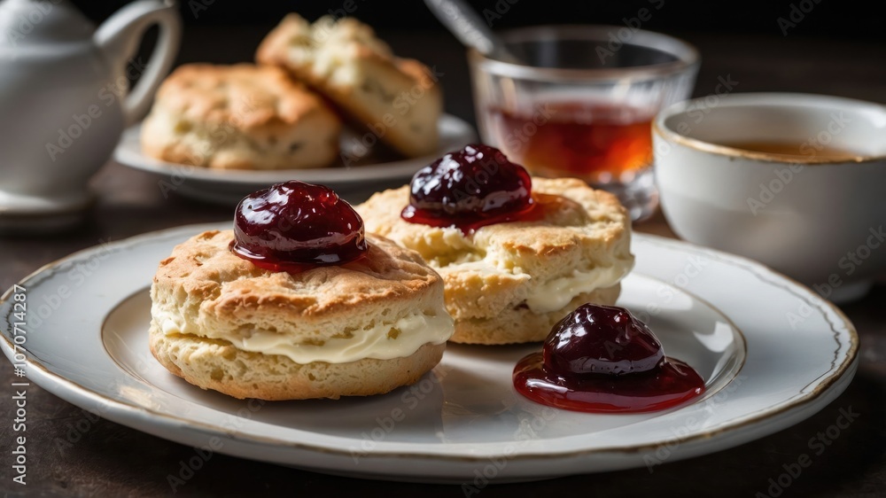 A plate of biscuits topped with cream and jam, accompanied by tea and coffee. A plate of biscuits topped with cream and jam, accompanied by tea and coffee.